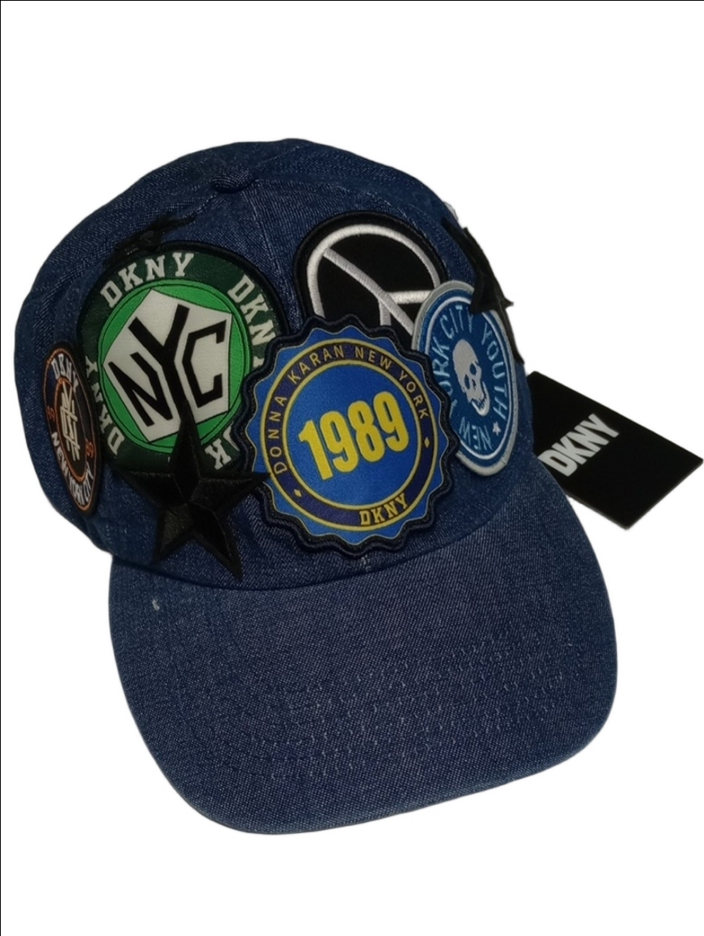 🆕DKNY NEW YORK DENIM BLUE BASEBALL CAP WITH NYC PEACE SKULL STAR PATCHES